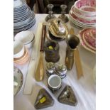 METAL WARE , INCLUDING A PAIR OF SILVER PLATED CANDLE STICKS , BRASS ASH TRAYS , CONDIMENT SET AND