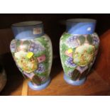 PAIR OF OPAQUE GLASS VASES WITH HAND-PAINTED FOLIATE DESIGN AND TRANSFER SCENES.