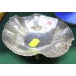 DECORATIVE WHITE METAL LOBED DISH ON FOUR FEET, INDISTINCT STAMPED MARK, 2 OZT