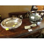 SILVER PLATED TWO HANDLED BOWL , TEA POT AND SPOONS.