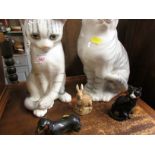 THREE CERAMIC CAT ORNAMENTS AND TWO OTHER ANIMAL FIGURINES.