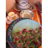 DECORATIVE CHINA , BOWLS AND DISHES , GLASS MOSAIC BOWL AND ONE OTHER FLORAL GLASS DISH.