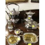 SILVER-PLATED MATCHED TEA SET, SUGAR SHAKER, SALT AND KETTLE ON STAND WITH BURNER.