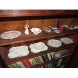 TWO SHELVES OF DECORATIVE CHINA , LACQUERED TRINKET BOX AND OTHER SMALL ITEMS