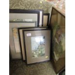 SIX FRAMED AND GLAZED WATERCOLOURS INCLUDING MOUNTAIN LANDSCAPES , FRAMED AND GLAZED PASTEL BUILDING