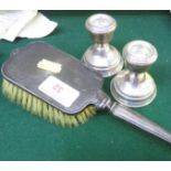 SILVER CLAD CLOTHES BRUSH, TOGETHER WITH A PAIR OF FILLED SILVER CANDLE STICKS.
