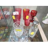 FOUR CRANBERRY GLASS BEAKERS, STUART CRYSTAL VASE, WINE GLASS ETCHED WITH VINE, AND A DRESSING TABLE