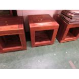 SET OF THREE SQUARE HARD WOOD SIDE TABLES.