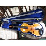 A VIOLIN AND BOW IN A FITTED CASE.