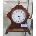 A MAHOGANY CASED MANTEL CLOCK WITH PRESENTATION PLAQUE, DIAL MARKED 'EX'D BY LISLE EXETER'