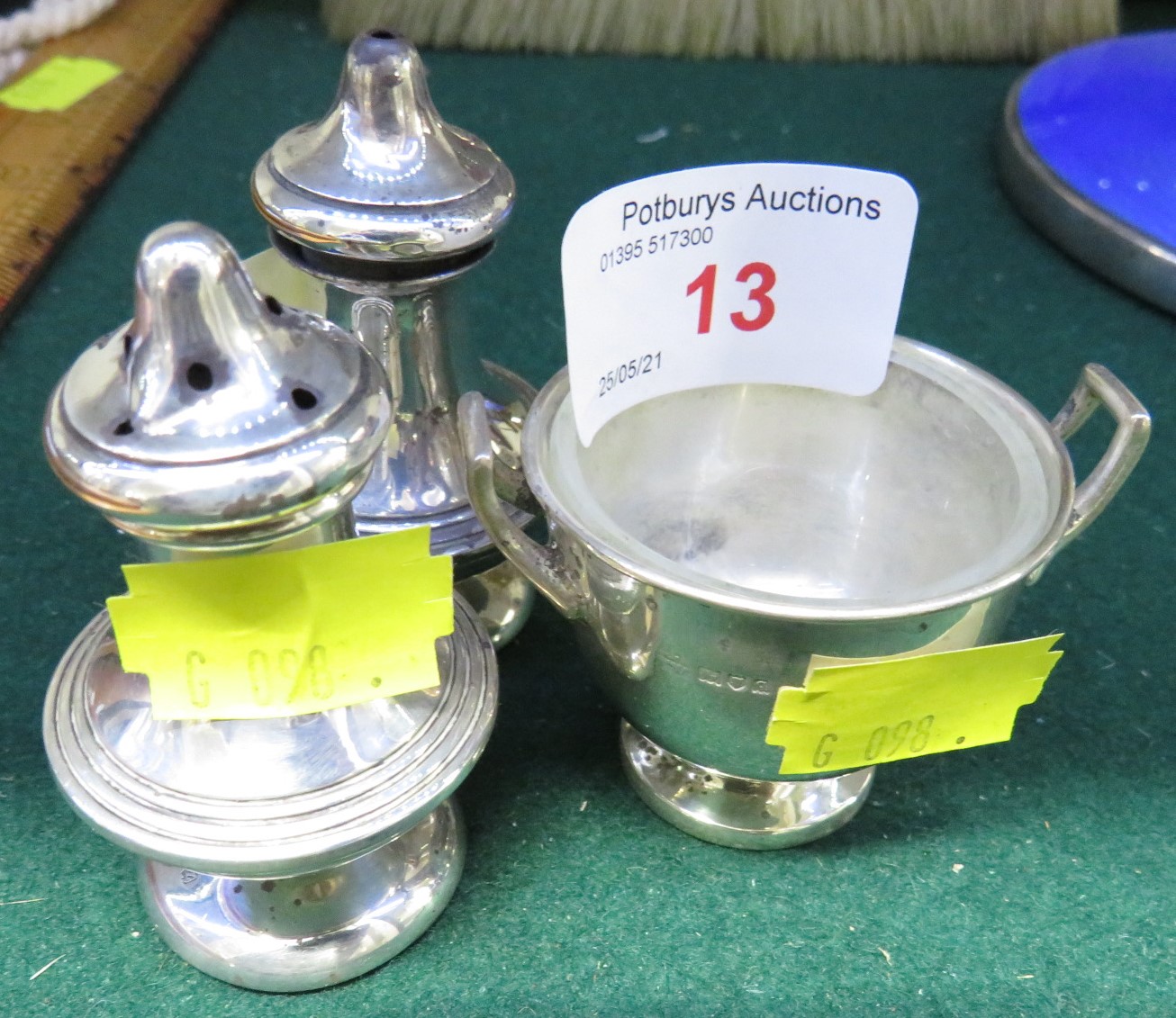 HALLMARKED SILVER MATCHED THREE-PART CRUET SET.