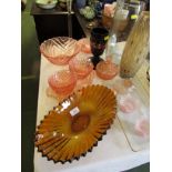 DECORATIVE PRESSED GLASS WARE INCLUDING BOWLS AND CANDLE HOLDERS. GLASS VASES AND OTHER ITEMS.