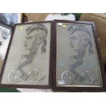 TWO FRAMED AND GLAZED PASTEL CARICATURES OF MAN RIDING BIKE DATED 1897.