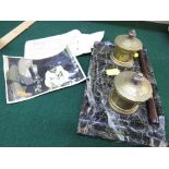 POLISHED STONE DESK STAND WITH BRASS INKWELLS, TOGETHER WITH ASSOCIATED PHOTOGRAPH AND NOTE 'SIR