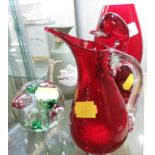 RED GLASS VASE, JUG AND FIGURE OF DUCK, A PAPERWEIGHT, AND A WEDGWOOD VASE