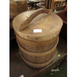 ANTIQUE OAK BANDED STORAGE BARREL.