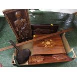 TREEN ITEMS INCLUDING BOOKS STAND , CARVED FIGURAL PATTERNS , YARD STICK, TOGETHER WITH HAND