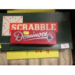 VINTAGE SCRABBLE BOARD GAME , TURN TABLE AND A BOX OF GOODWIN DOMINOES