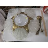 ART DECO STYLE BRASS CEILING LIGHT FITTING WITH CLAM SHELL GLASS INSERTS. (REQUIRES PROFESSIONAL