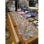 SMALL SELECTION OF CUT GLASS DRINKING VESSELS , GLASS CANDLE HOLDER.