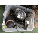 BOX OF HOUSEHOLD ELECTRONICS INCLUDING HAIR DRYER, FAN HEATER ETC. TOGETHER WITH ASSORTED TORCHES