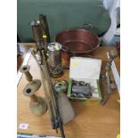 LARGE COPPER PRESERVING PAN, TWO BRASS MINER'S LAMPS, BRASS FIRESIDE TOOLS, AND OTHER METAL WARE.