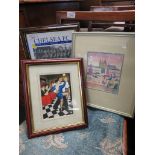 FRAMED REPRODUCTION PRINT AFTER BERYL COOK, FRAMED CHELSEA F.C PRINT, AND A WATERCOLOUR OF