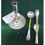 MINIATURE FOREIGN SILVER CANDLE STICK, SILVER SALT SPOON AND A SILVER CIGARETTE HOLDER.