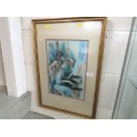 FRAMED AND GLAZED COLOURED PRINT OF A PIANO PLAYER.