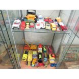 TWO SHELVES OF VINTAGE DIE CAST VEHICLES, DINKY TOYS, MATCH BOX ETC.