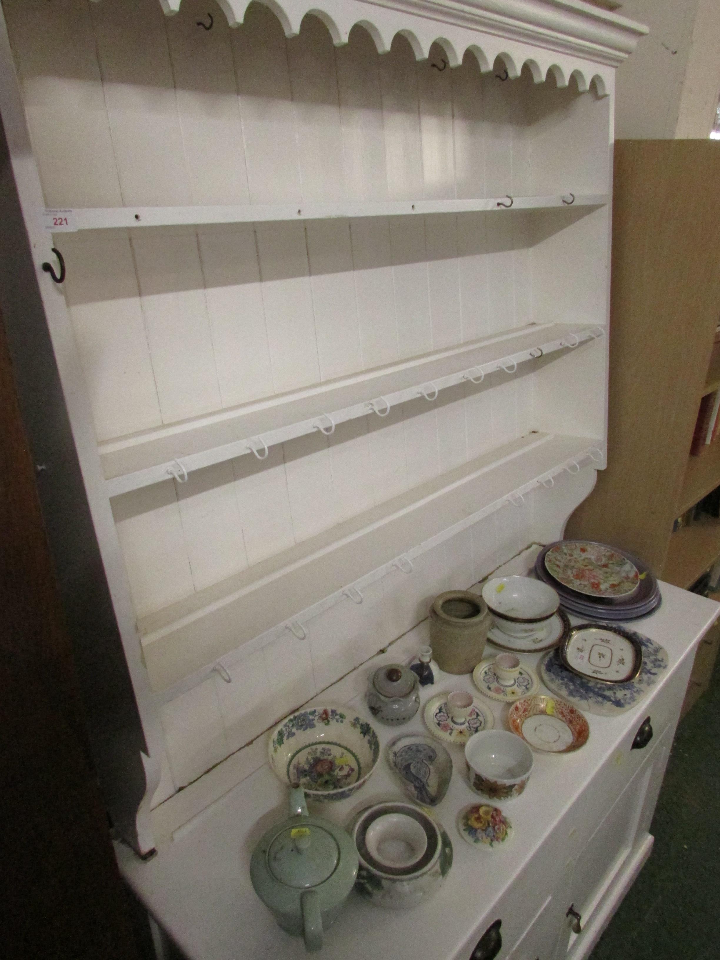 PAINTED PINE KITCHEN FARM HOUSE DRESSER WITH THREE SHELVES TO TOP AND TWO CUPBOARD DOORS TO BASE.