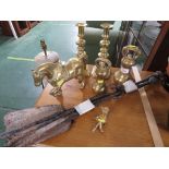 PAIR OF BRASS CANDLE STICKS , BRASS WEIGHTS AND FIGURINES , TOGETHER WITH IRON FIRE SIDE TOOLS.