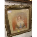 VICTORIAN HEAD AND SHOULDERS WATERCOLOUR PORTRAIT OF WOMAN IN A GILT FRAME.