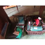 BOSCH ELECTRIC HAMMER DRILL, MAKITA SANDER, EXTENSION REEL AND OTHER HAND TOOLS.