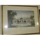 LARGE FRAME AND GLAZED COLOURED PRINT OF A TEMPLE COMPLEX.