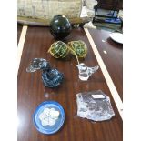 THREE GLASS FISHING FLOATS, TWO GLASS BIRD PAPERWEIGHTS, AND TWO OTHER PAPERWEIGHTS