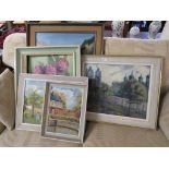 FIVE FRAMED OIL ON BOARDS AND CANVAS PAINTINGS SIGNED V. PETIT.