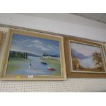 OIL ON CANVAS OF BOATS ON LAKE TOGETHER WITH ONE OTHER HIGHLAND LANDSCAPE SIGNED V PETTIT.