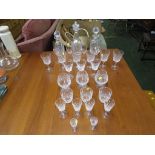 THREE CRYSTAL DECANTERS, TOGETHER WITH A SELECTION OF STEM DRINKING GLASSES AND TUMBLERS.