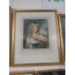 FRAMED AND GLAZED COLOURED PRINT OF WOMAN HOLDING FLOWER WITH BLIND STAMP AND PENCIL SIGNATURE.