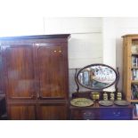 EDWARDIAN MAHOGANY TWO DOOR WARDROBE, TOGETHER WITH A THREE DRAWER DRESSING CHEST WITH OVAL MIRROR.