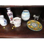 DECORATIVE CERAMICS INCLUDING POTTERY JUGS AND FIGURINE OF KITTEN.