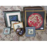 SELECTION OF SMALL FRAMED PICTURES AND FRAMED NEEDLE WORKS.