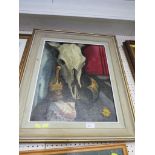 STILL LIFE OIL ON BOARD OF CATTLE SKULL IN A PAINTED WOODEN FRAME.