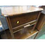 OAK LIFT TOP SEWING BOX WITH WHEELS AND CONTENTS.