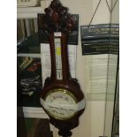 CARVED OAK MOUNTED BAROMETER AND MERCURY THERMOMETER. (AF)