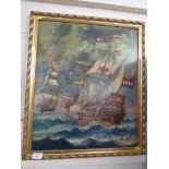 OIL ON CANVAS OF GALLEONS , SIGNED LOWER RIGHT.