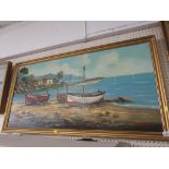OIL ON CANVAS OF TROPICAL SCENE WITH FISHING BOATS SIGNED LOWER RIGHT.
