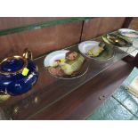 FOUR CHINA DISPLAY PLATES TOGETHER WITH A SADDLER POTTERY TEA POT.