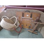 VINTAGE CRAMORE EASEL WITH ONE OTHER WOODEN CANVAS CARRYING FRAME, TOGETHER WITH TWO WICKER
